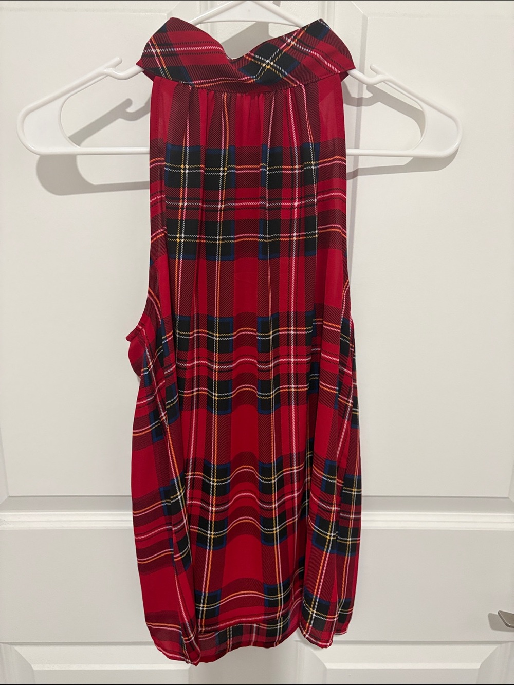 J. Crew Red Plaid Sleeveless Top with Navy & Yellow Accents